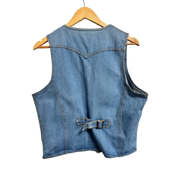 Western Vintage Graffiti blue Denim Vest Large Cinch‎ Back Embroidered - Image 4