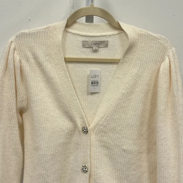 NWT LOFT Rhinestone Buttons Relaxed Fit‎ Knit Cardigan Sweater Small White - Image 3