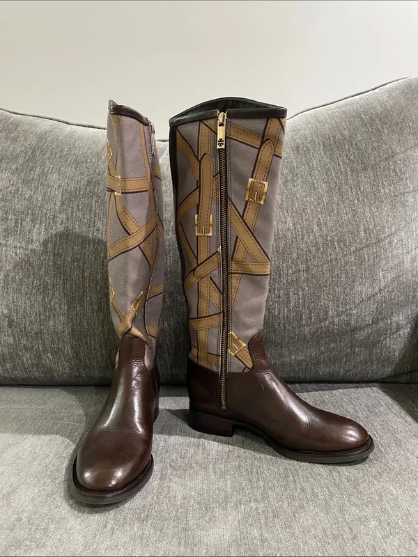 Tory Burch FELIX Riding Boots Brown Leather Equestrian Print Fabric Zip Size 5 - Image 3
