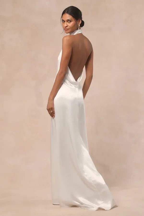 Lulus Meliana White Satin Halter Backless Maxi Dress Wedding Gown Elegant Small - Image 2