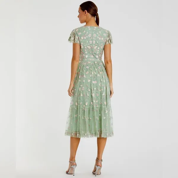 Mac Duggal Green Multicolor Embroidered V Neck Cap Sleeve Midi Dress 35104 - Image 5
