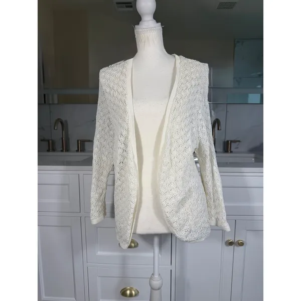 Ann Taylor Cardigan Women XL Cream Open Front Crochet Knit Pointelle - Image 3