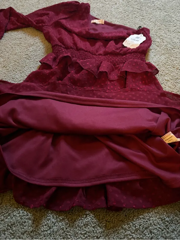 Altar’d State One Shoulder Burgundy Mini Dress Textured Clip Dot Fabric Sz S NWT - Image 8