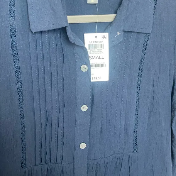 STYLE & CO Navy Blue Pintucked Crochet Top - Coastal Grandmother NWT - Image 4