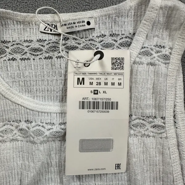 ZARA Woman Tank Top Knit Top Sleeveless M White Crochet Lace Trim Textured‎ NWT - Image 3