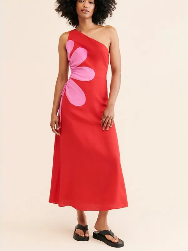 Anthropologie Farm Rio Cutout Flower Dress Linen Blend One Shoulder Medium - Image 3