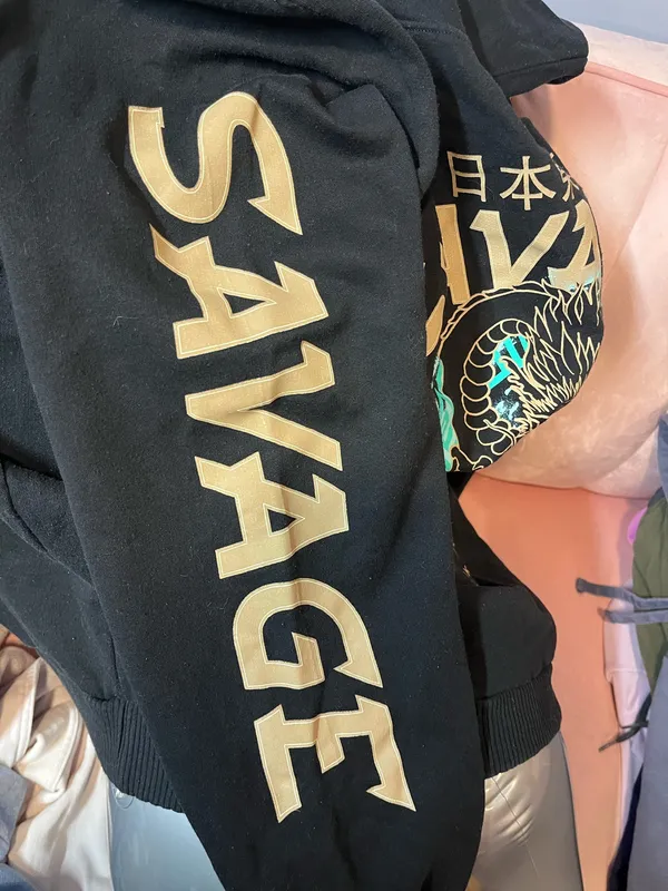 French Laundry Savage X Fenty black hoodie with green and gold 'SAVAGE' text and snake graphic, size 2XL. - Image 5