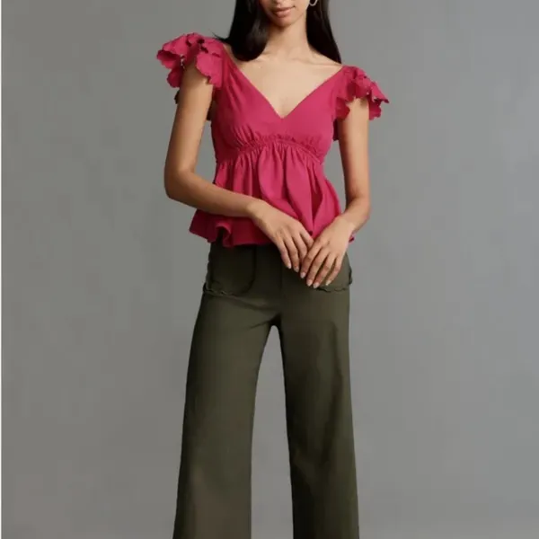 NWT Anthropologie Cotton Flutter Sleeve V Neck Babydoll Top size L - Image 4