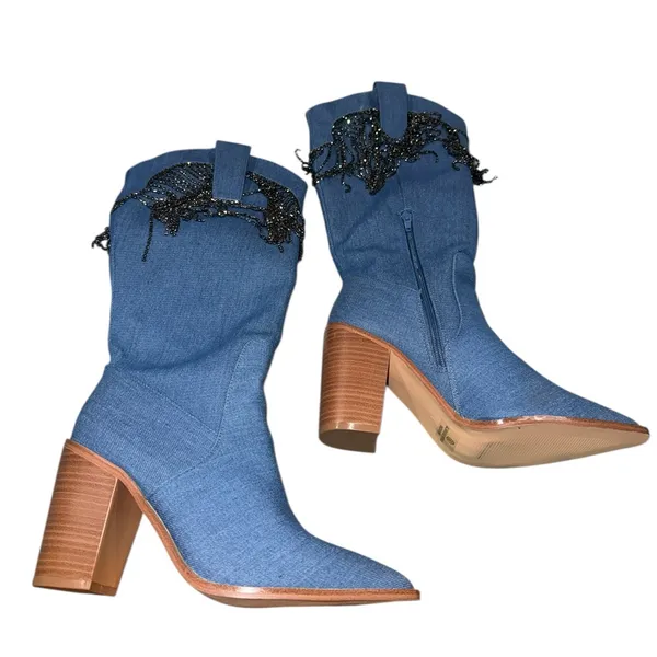 NEW Venus Cowgirl Embellished Fringe Blue Denim Boot SZ-9 Y2k Festive - Image 10