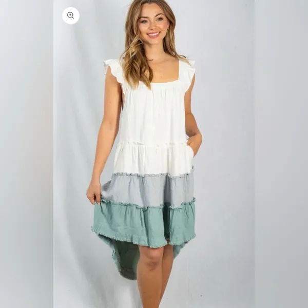 Colorblock Tiered High-Low Midi Dress White Gray Sage Pockets White Birch 1X - Image 8