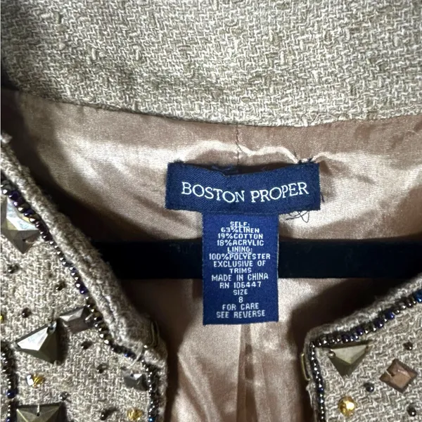 Boston Proper Women’s Stud Beaded Embellished Tan Tweed Jacket‎ Blazer Size 8 - Image 5