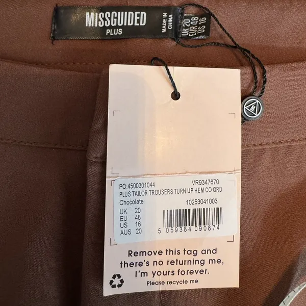 Missguided Plus Tailored Wide Leg Trousers US 16 Chocolate Brown Cuffed Hem NWT - Image 7