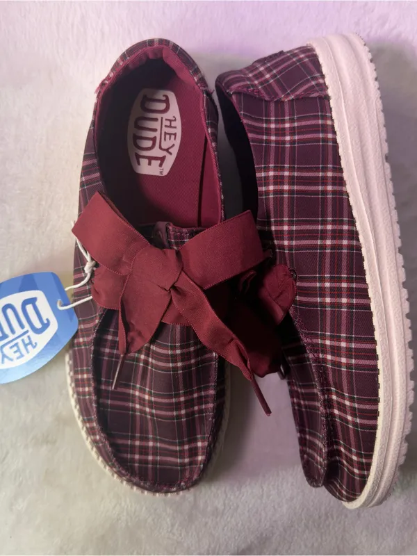 Hey Dude Kids Burgundy Plaid Slip-On Sneakers - Image 6