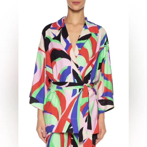 Farm Rio Women's Fresh Foliage Colorful Print Tie‎ Waist Casual Jacket Kimono XS - Image 3