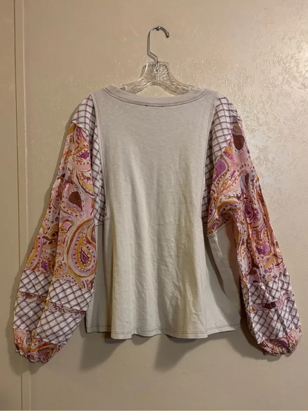 Easel women’s Boho Patchwork Puff Sleeve Top sz L Pink Size L - Image 2