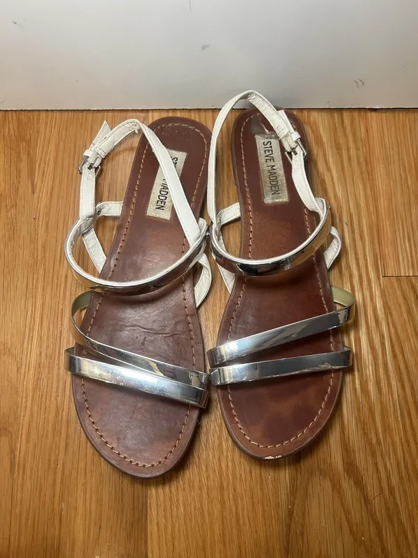 Steve Madden Sandals Womens Silver Metallic White Strappy Slingback Open Toe - Image 8