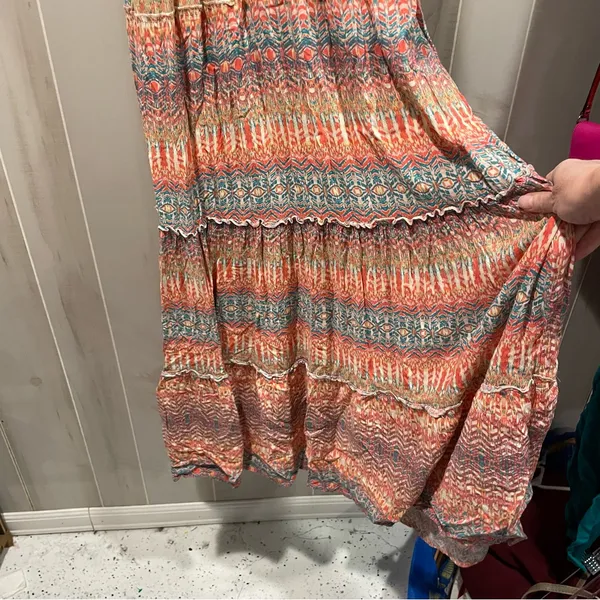 Source Unknown Cute stretchy tiered shell button front maxi dress aztec boho breezy smocked - Image 14