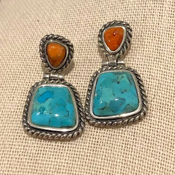 BARSE Sterling Silver Rope Edged Turquoise and Coral Drop Earrings - Image 10