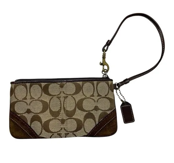 Tan Brown Coach Signature Wristlet Mini-Bag Pochette Purse Wallet - Image 3