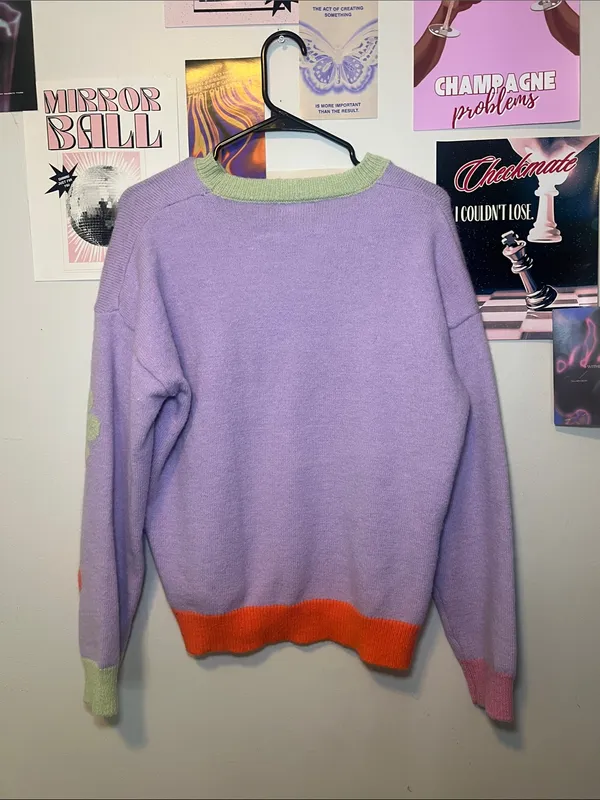 easel Lavender Crewneck Sweater with Multicolor Floral Appliqués - Image 6