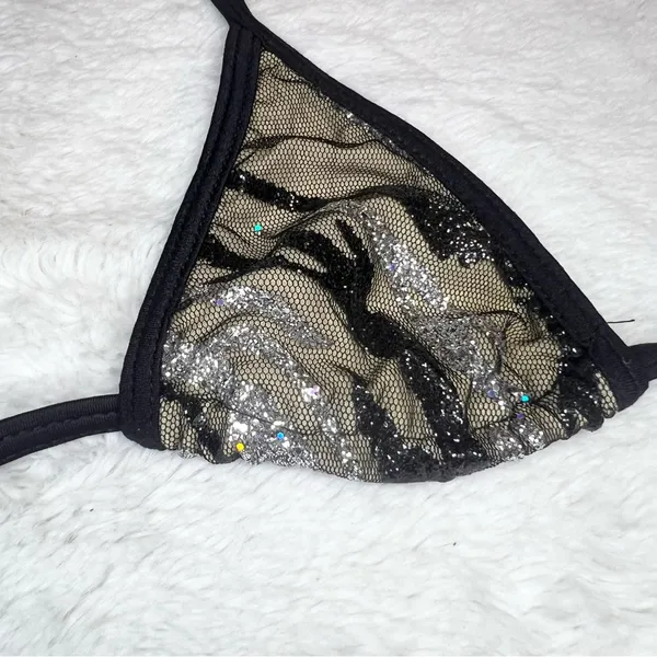 Black Mesh Silver Glitter Sequin Tiny Triangle String Bikini Top Size Small - Image 5