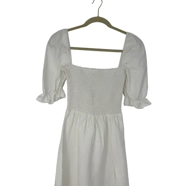 Reformation Marabella Linen Midi Dress White Smocked Puff Sleeve Small Vacation - Image 4