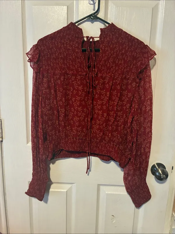 Free People Berry Red Roma Mock Neck Long Sleeved Floral Blouse Medium - Image 4