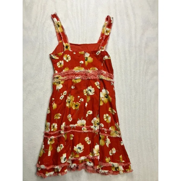 Fate Womens Red Floral Linen Blend Mini Dress Frayed Tiers Pockets‎ Small NWT - Image 7