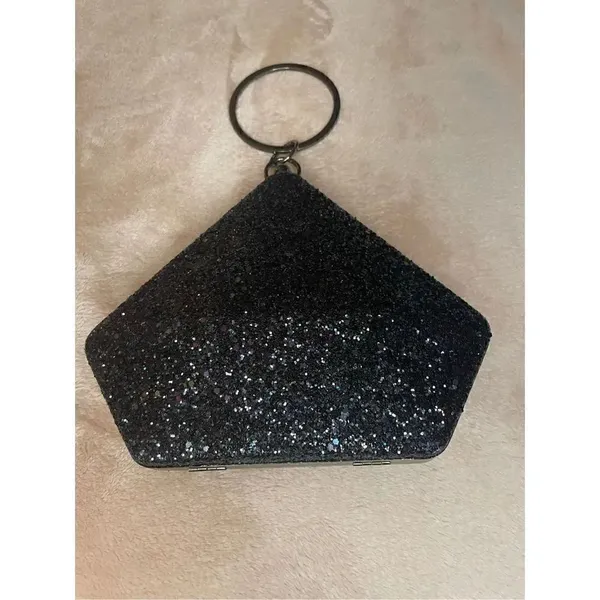 New Black Glitter Geometric Clutch With Round Handle/ Shoulder Strap - Image 5