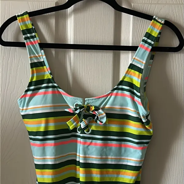 AERIE Women’s Striped One Piece Tie Front‎ One Piece Bathing Suit Sz Large - Image 7
