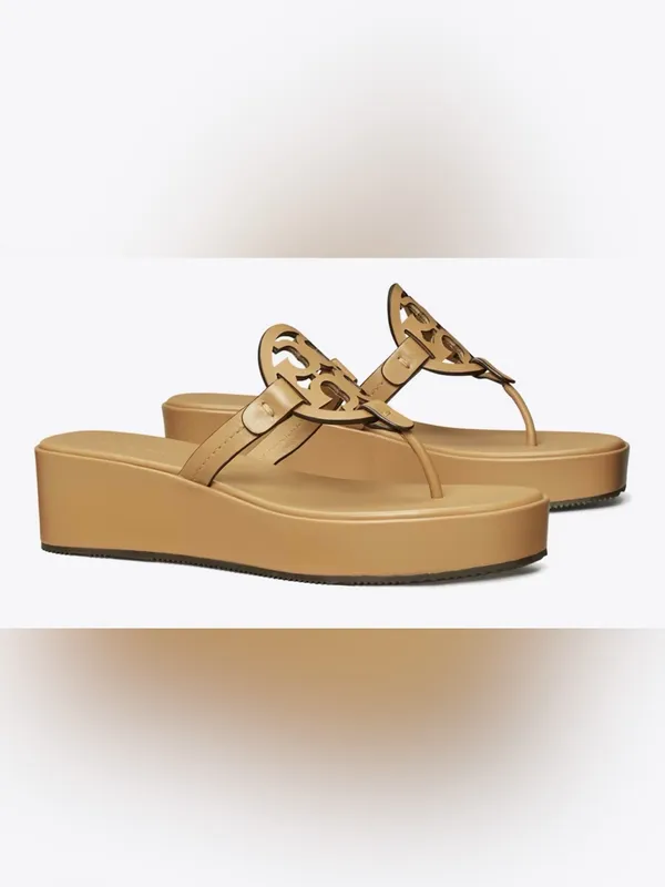 Tory‎ Burch Miller Leather Wedge Sandals Size 8 in Ginger Shortbread NEW Dustbag - Image 2