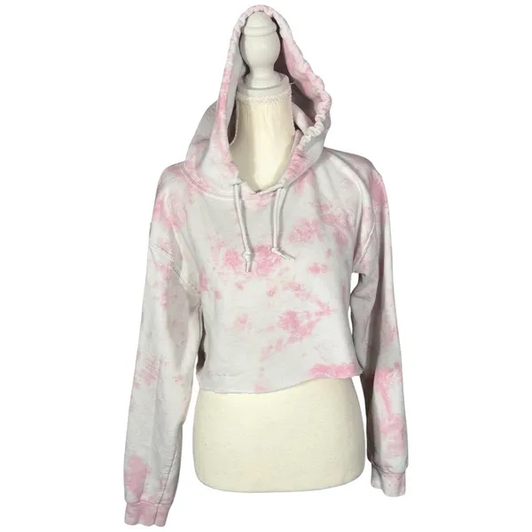 Artist Union Hoodie Womens Small Pink Tie Dye Cropped Raw Hem Long Sleeve - Image 3