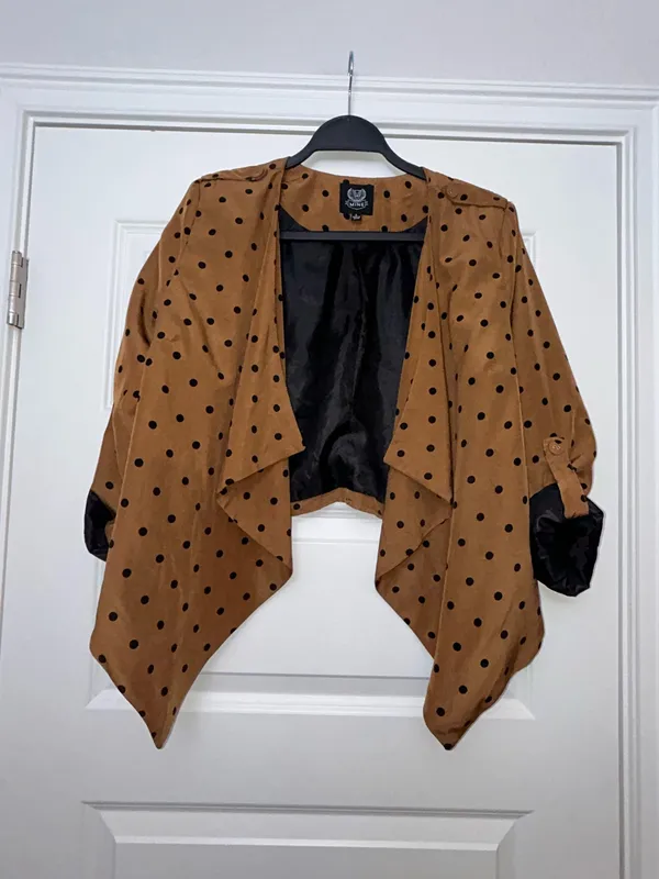 MINE Polka Dot Print Roll Tab Sleeve Open Cascade Front Blazer Jacket Size L - Image 4