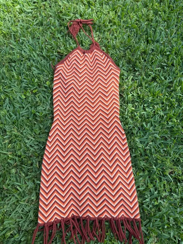 Lush Crochet Knit Halter Mini Dress Fringe Hem Boho Festival Size S - Image 4