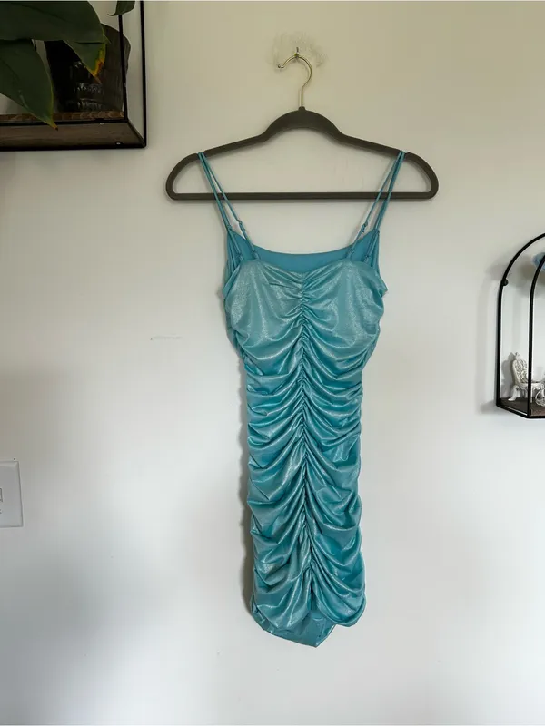 Lucy in the Sky Light Blue Ruched Slinky Bodycon Mini Dress Size Small - Image 2