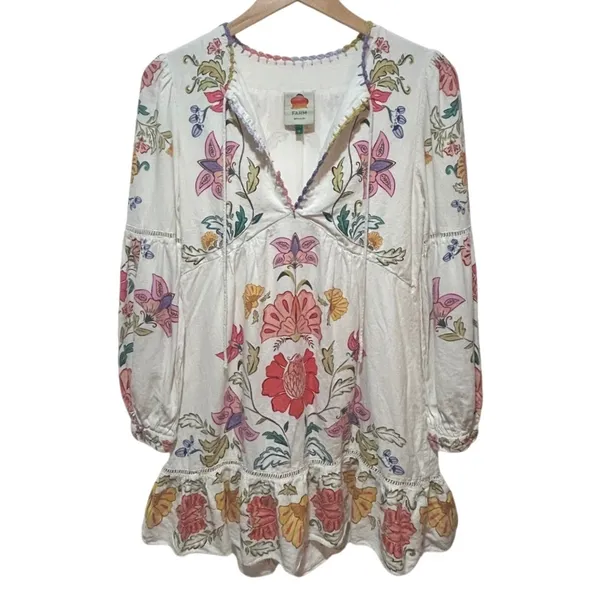 Farm Rio Floral Insects Mini Dress Small White Boho Tiered Whimsical Cottagecore - Image 4