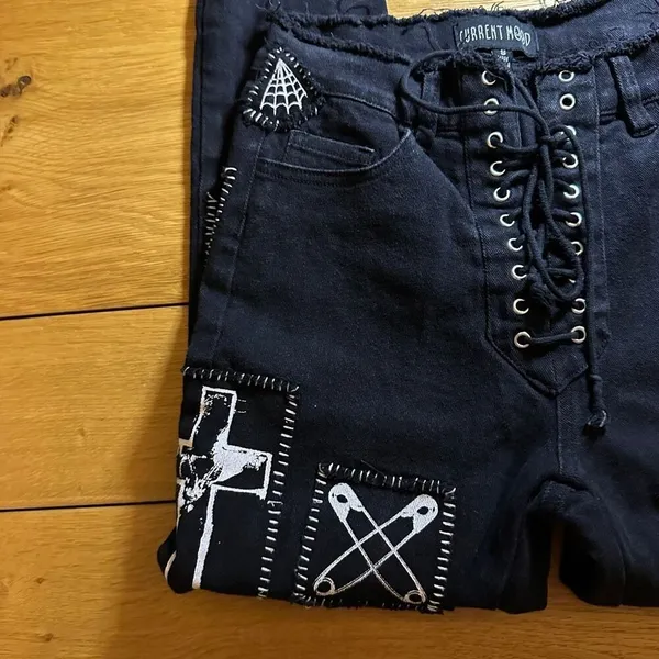 Dolls Kill Current Mood Stitch Lace-Up Patchwork Jeans black stretch denim s got - Image 4