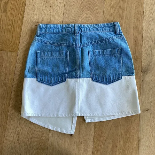 Denim and Leather Skirt in Blue and White - Image 3