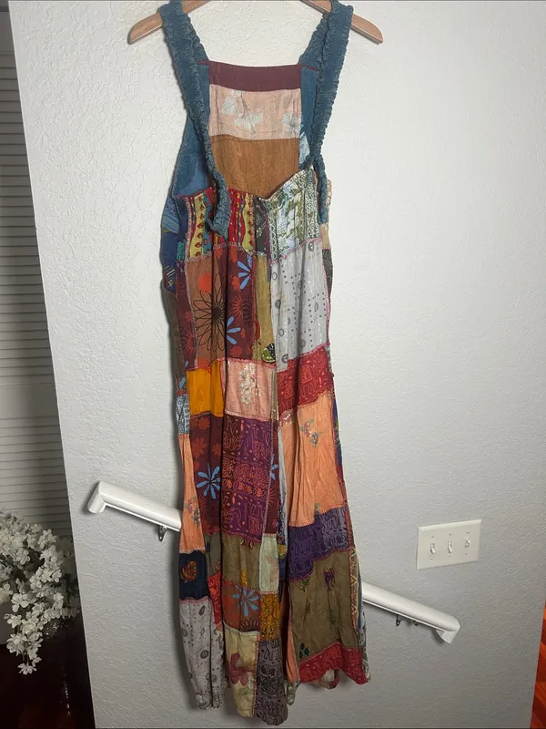 NEW Patchwork Jumpsuit Overalls Granola Girl Hippie Pockets Stretchy Straps Fall - Image 6