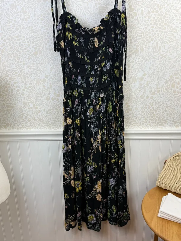 Free People Isla Black Floral Shoulder Tie Midi Dress - Size - Medium - Image 9