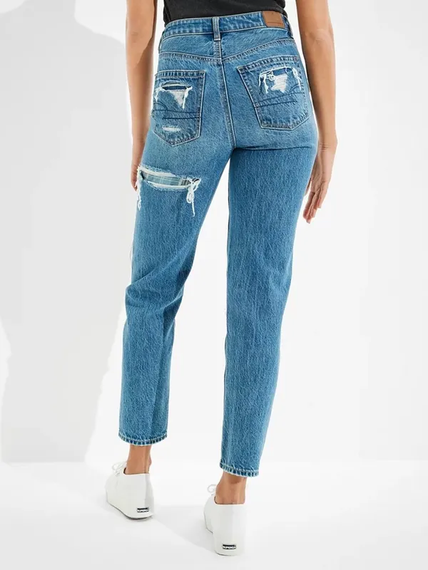 American Eagle Distressed Patched Mom Straight Jeans‎ Blue 10 High Waist - Image 4