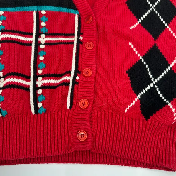 Vintage Koret Sweater Vest Women M Red Cotton Knit Argyle Tree House Cottagecore - Image 6
