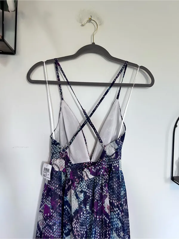 NWT Windsor Purple Snakeskin Print Crisscross Back Slit Leg Maxi Dress Small - Image 4