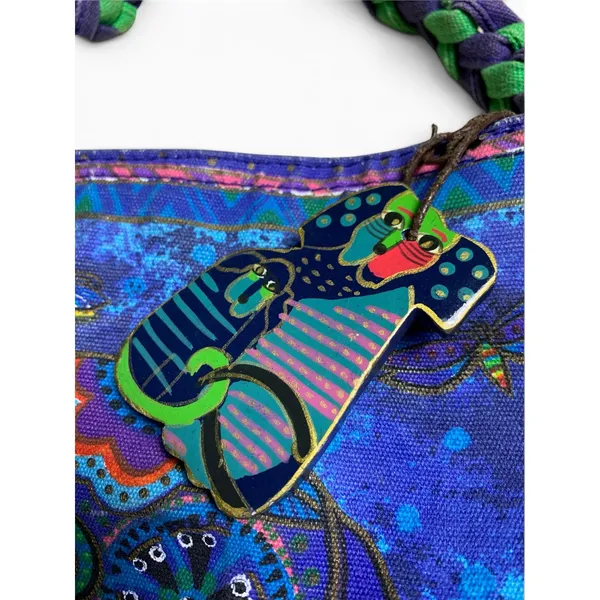 Laurel Burch Shoulder Bag Cats Dogs Purple Green Canvas Art Purse Vintage - Image 4
