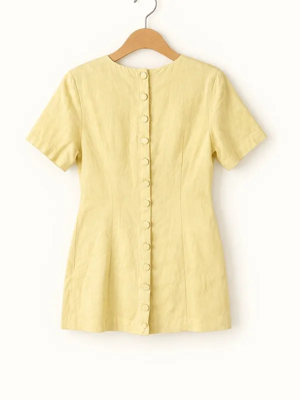 A&F Butter Yellow Linen Cotton Blend Button Back Detail Mini A-Line Sheath Dress - Image 5
