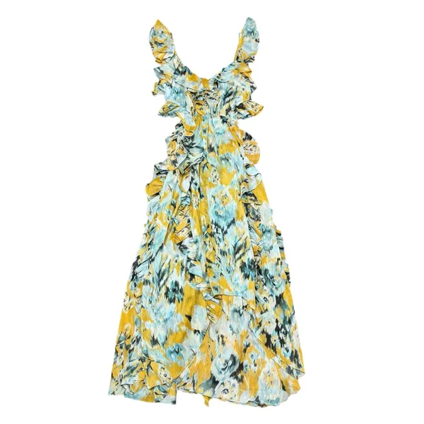MISA Los Angeles Alessandra Sleeveless Ruffle Midi Dress Blue Yellow Medium - Image 2