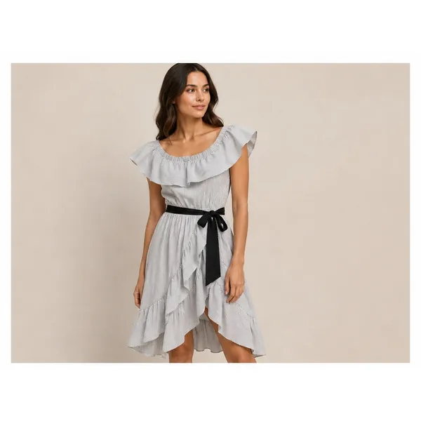 Maje Women Dress 1 Navy White Pinstripe Rigate Imprime Off-Shoulder Ruffle Mini - Image 2