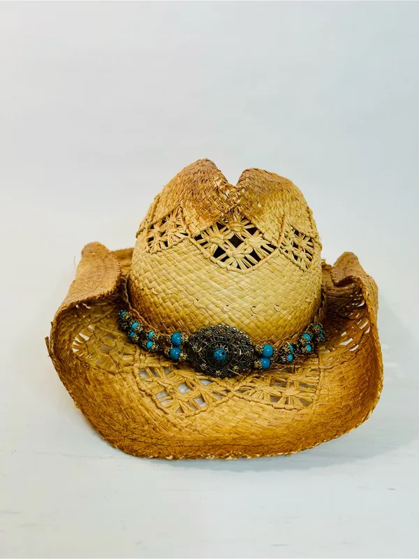 Scala Women’s Cattlemen Western Hat, 100% Rafia with Turquoise Beaded Design, OS - Image 3
