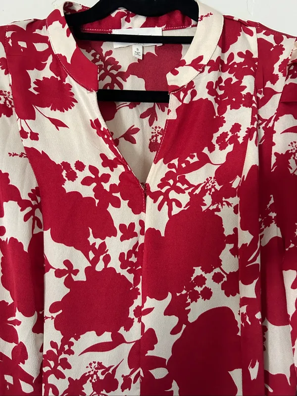 Melloday Red & Cream Floral Faux Wrap Long Sleeve Maxi Dress Sz Small - Image 2