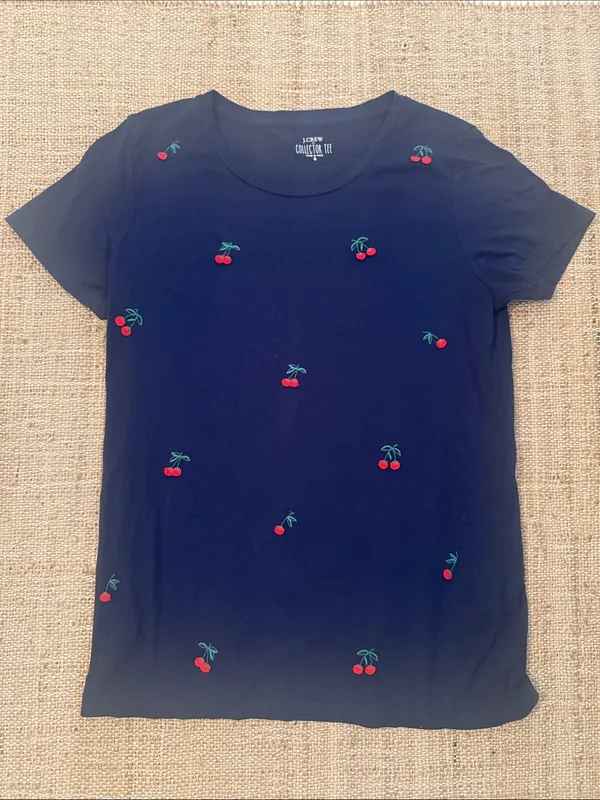 JCrew Factory Collectors Tee Navy Blue Embroidered Cherry Print Small - Image 2